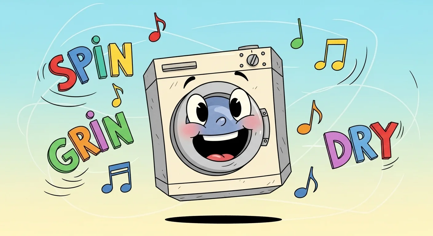 Cheerful animated washing machine character with musical notes and text
