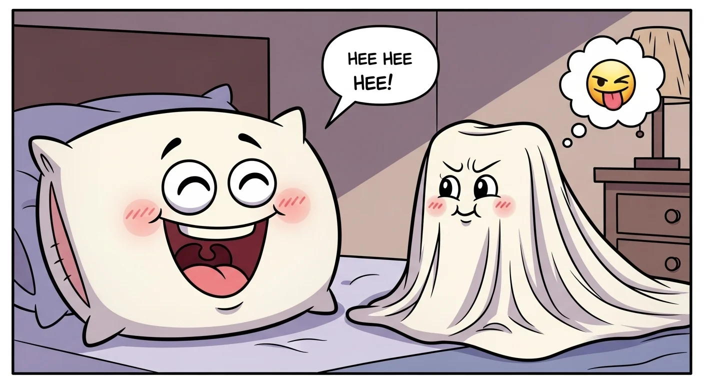 Laughing cartoon pillow character sharing jokes with blanket