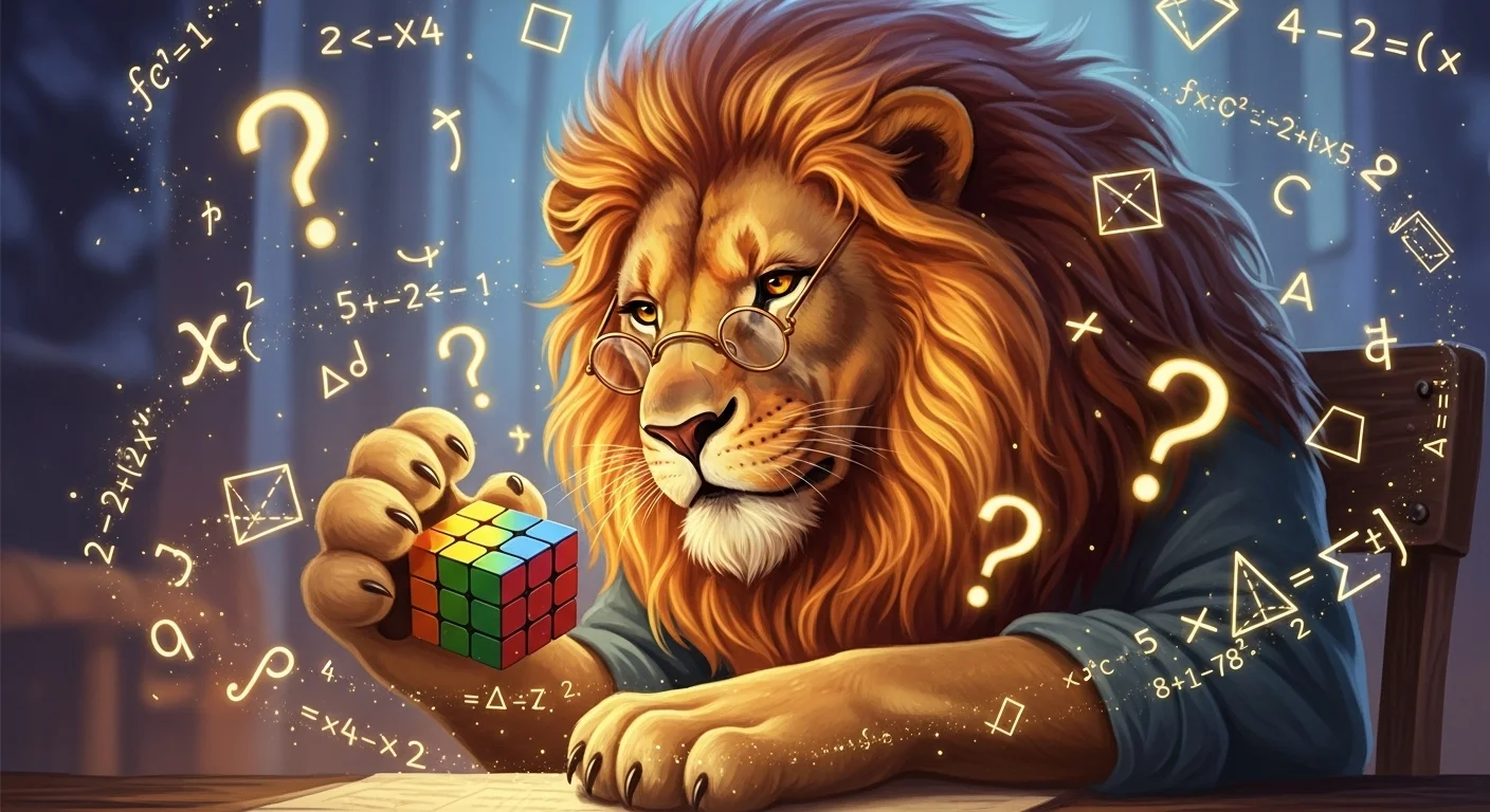 125+ Lion Riddles with Answers: Roaring Fun for Kids, Adults, and Animal Lovers 5 Lion wearing glasses solving Rubik's cube with math equations floating