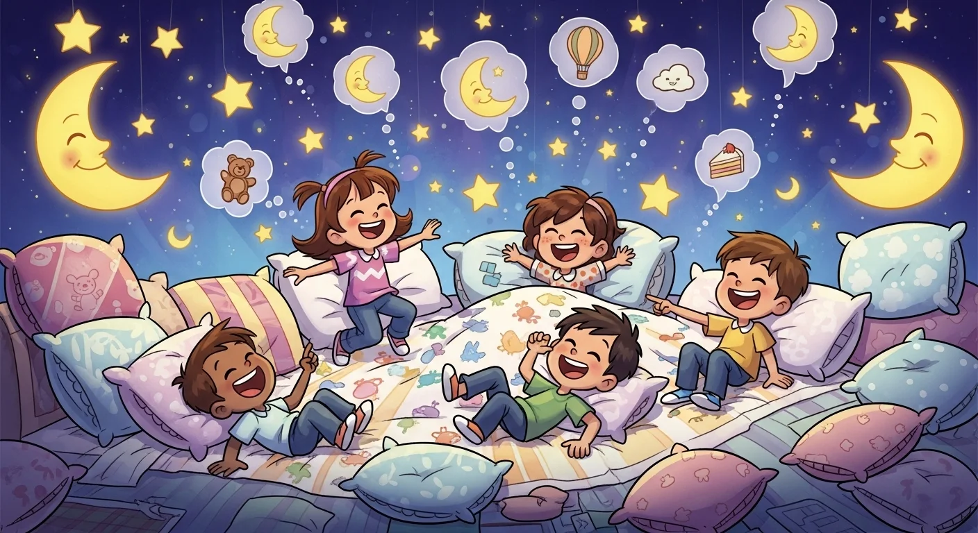 Kids enjoying pillow fight with thought bubbles and dream clouds in pillow riddles