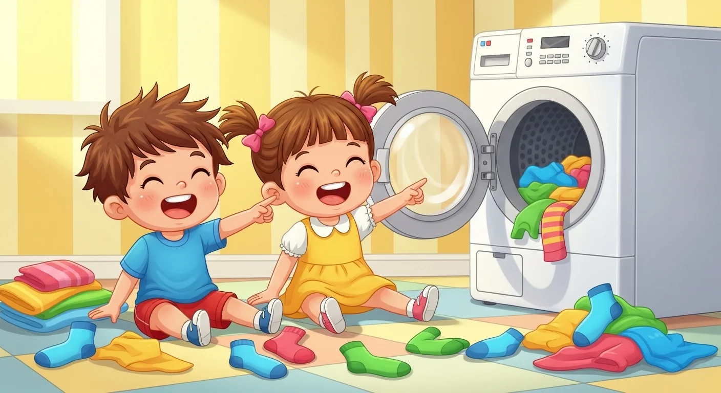 Happy children laughing together near washing machine with colorful laundry