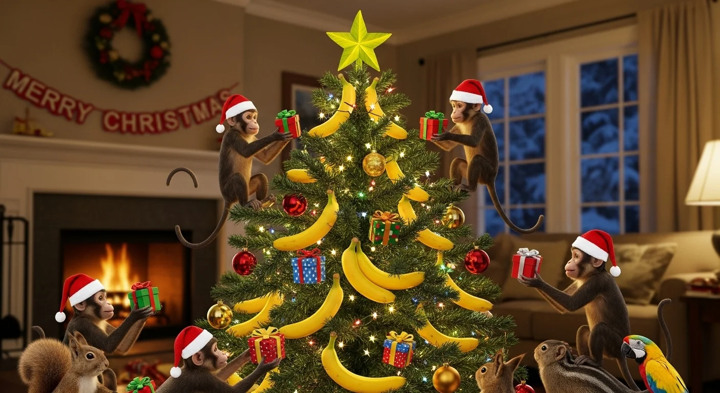 Monkeys in Santa hats decorating Christmas tree with banana ornaments