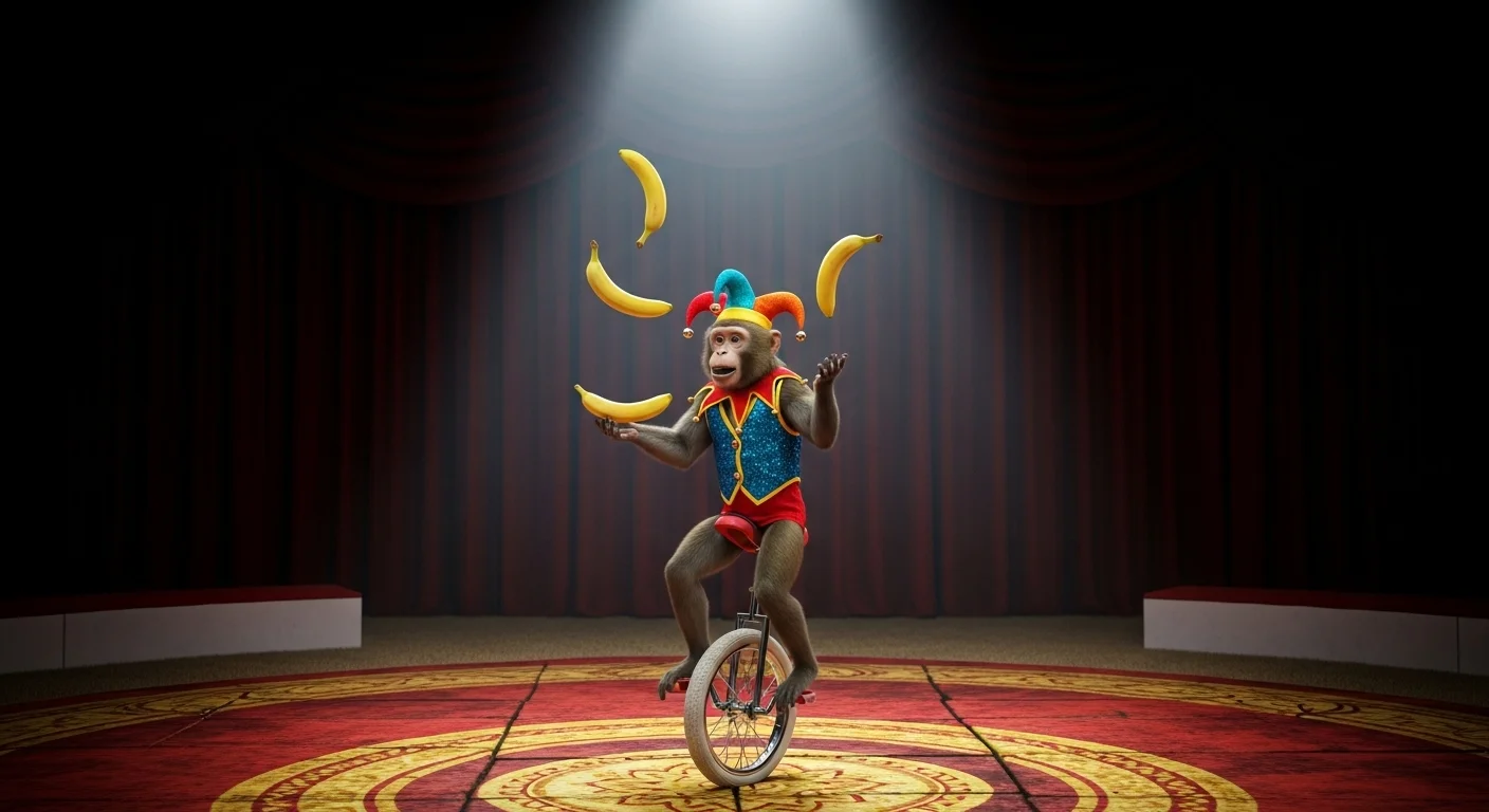 Performing monkey juggling bananas while riding unicycle on stage