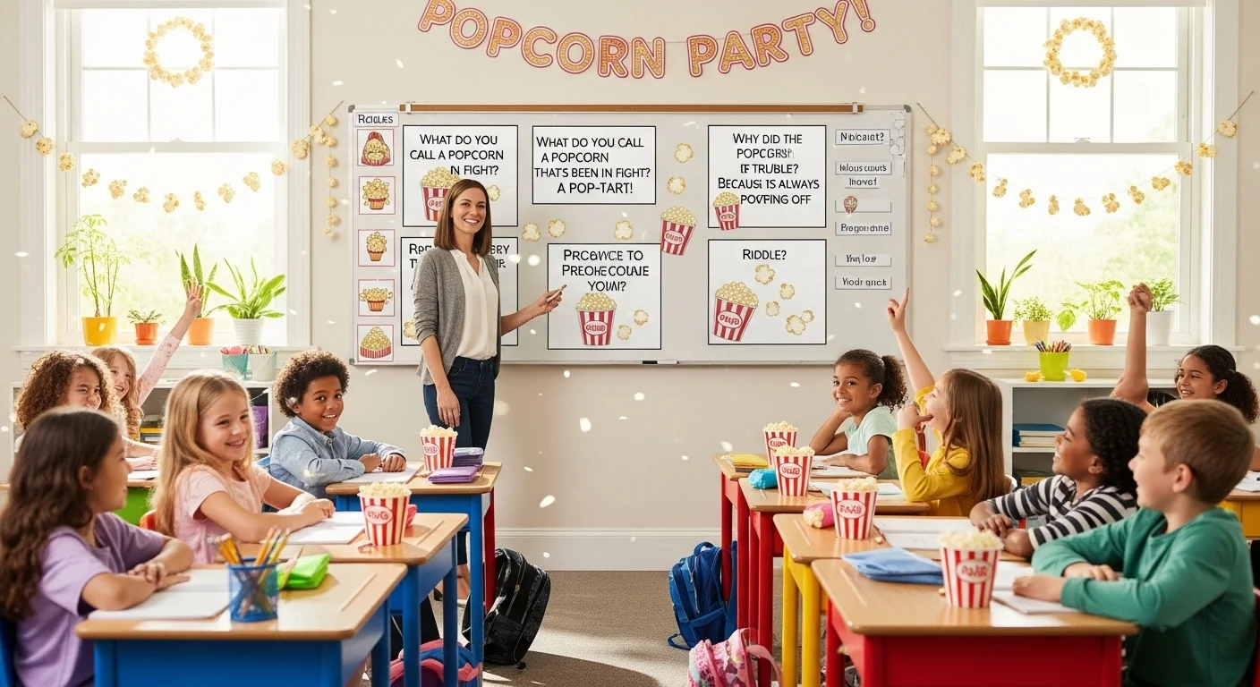 125+ Popcorn Riddles with Answers for Kids, Adults, and Family Fun 7 Teacher conducting popcorn riddle party activity in elementary classroom