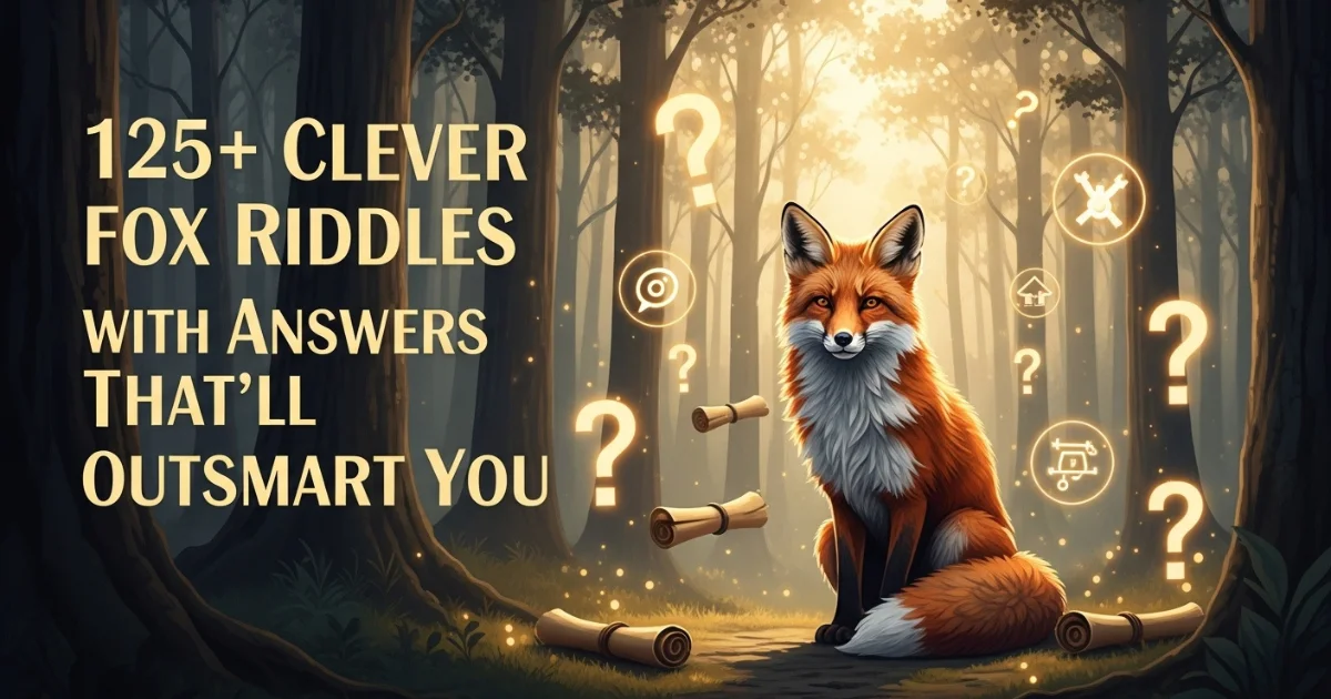 Fox surrounded by question marks and riddles in enchanted forest
