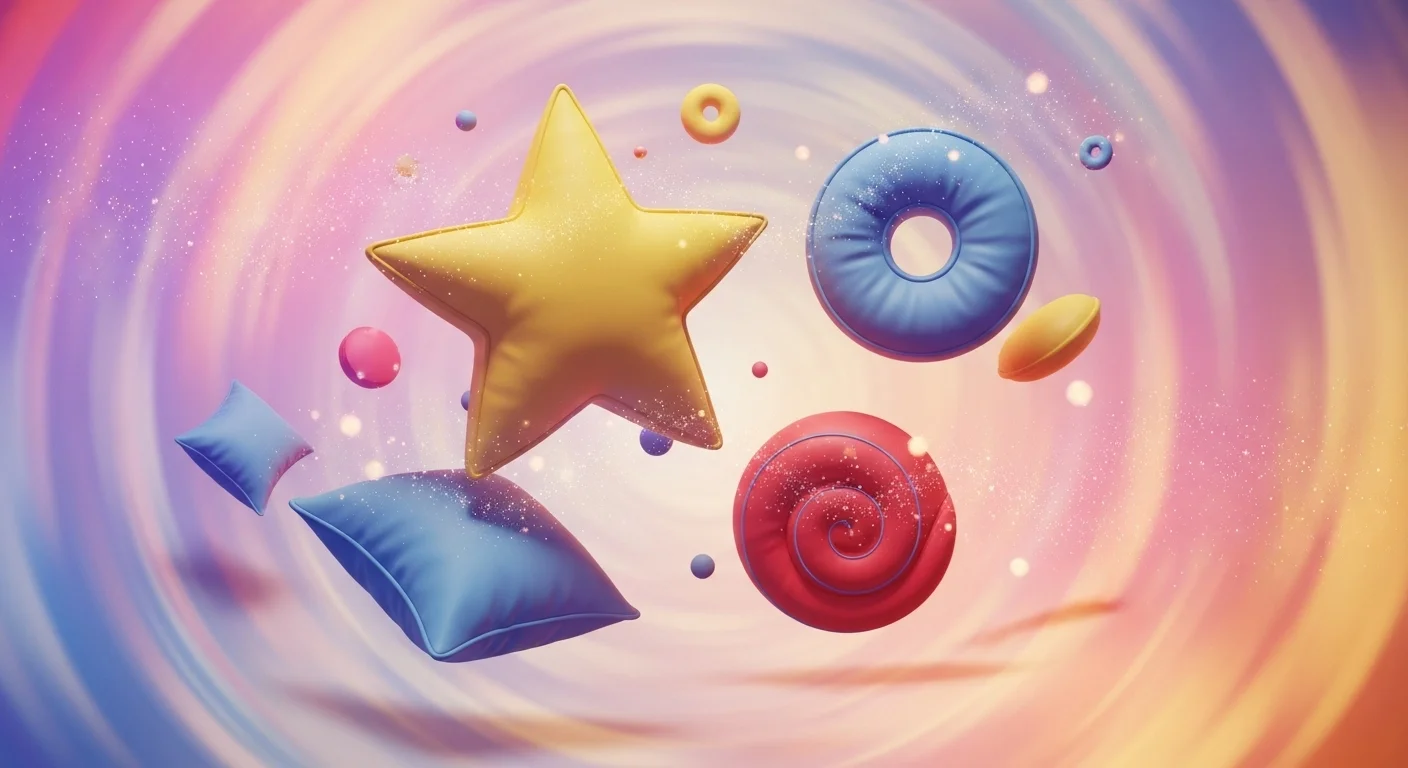 Colorful 3D geometric shapes floating including star, torus, and spiral
