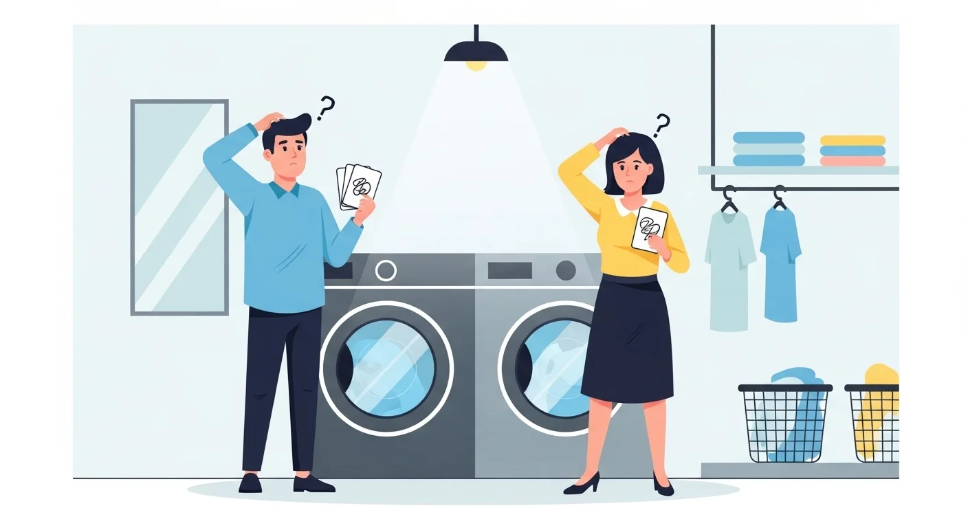 Man and woman puzzled looking at instructions beside washing machines