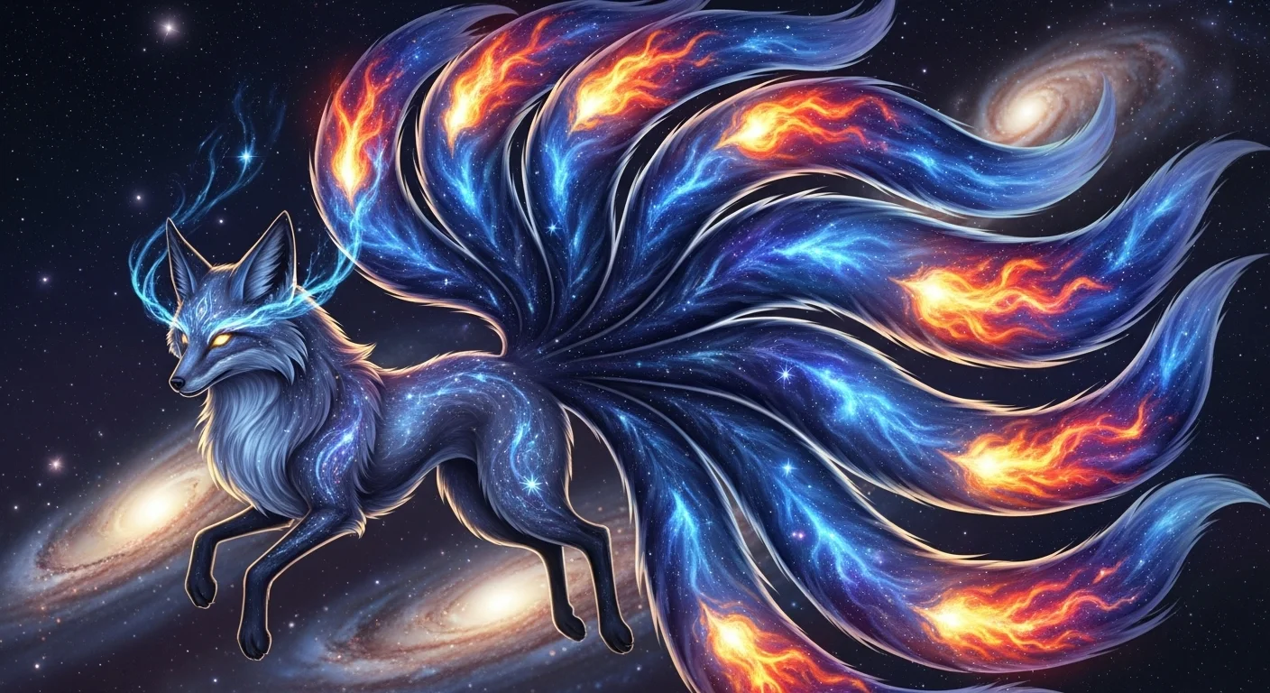 125+ Clever Fox Riddles with Answers That’ll Outsmart You 10 Mystical cosmic fox with flowing galaxy-colored tails in space