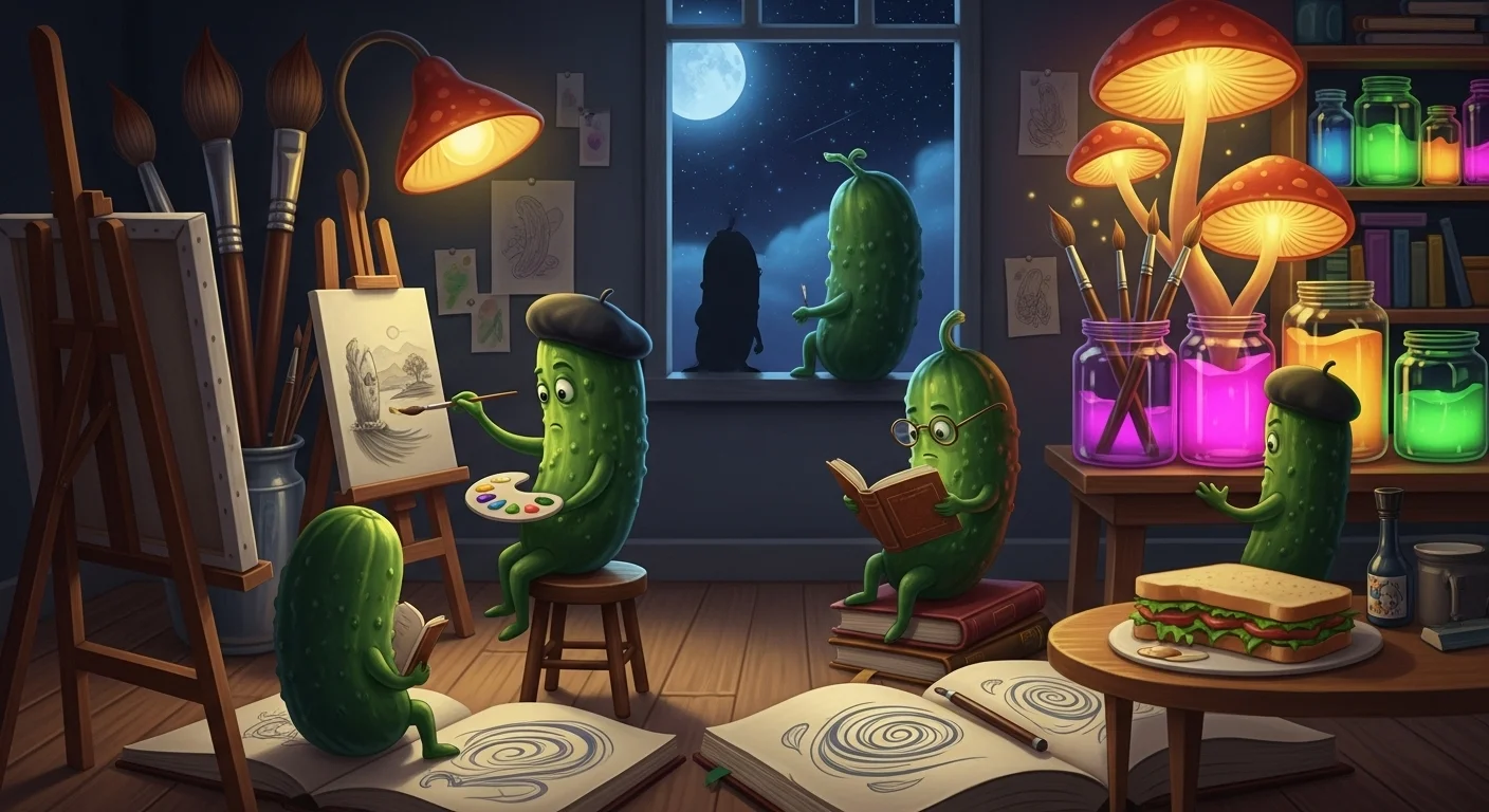 125+ Pickle Riddles with Answers: Funny, Clever & Totally Dill-icious Wordplay 9 Artistic pickles painting and reading in cozy moonlit studio