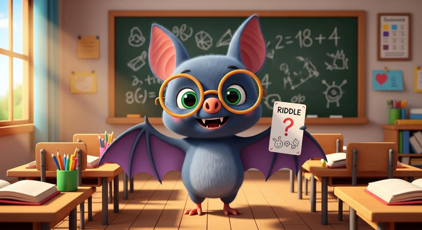 Adorable bat wearing glasses holding riddle card in classroom setting