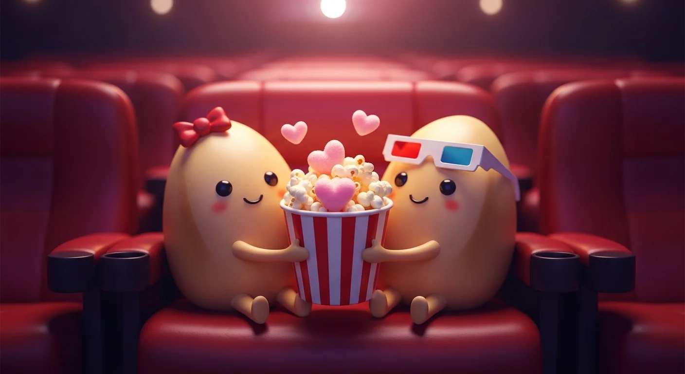 125+ Popcorn Riddles with Answers for Kids, Adults, and Family Fun 9 Adorable popcorn kernel couple characters sharing popcorn at movie theater
