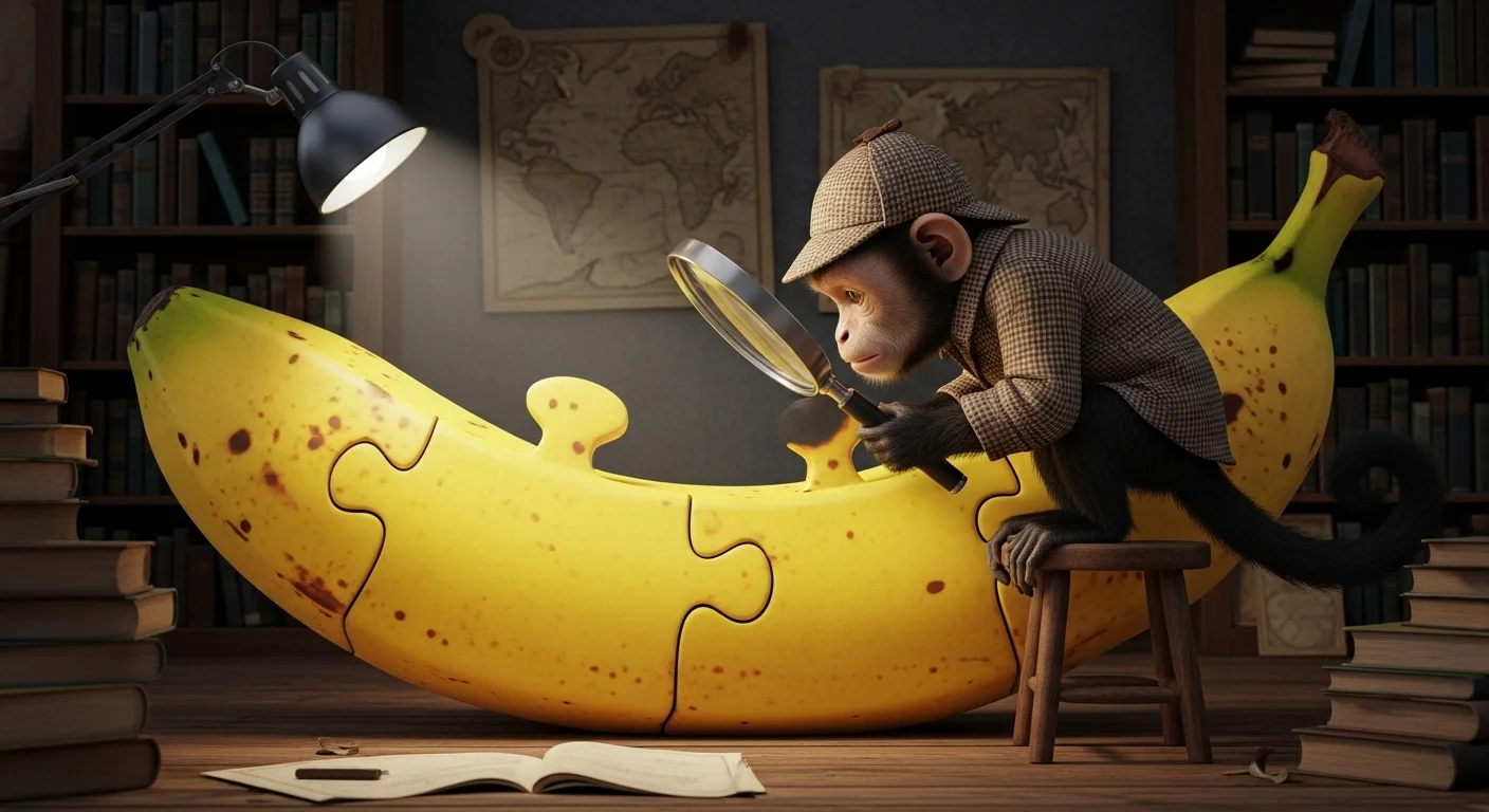Monkey detective in Sherlock Holmes outfit examining banana puzzle