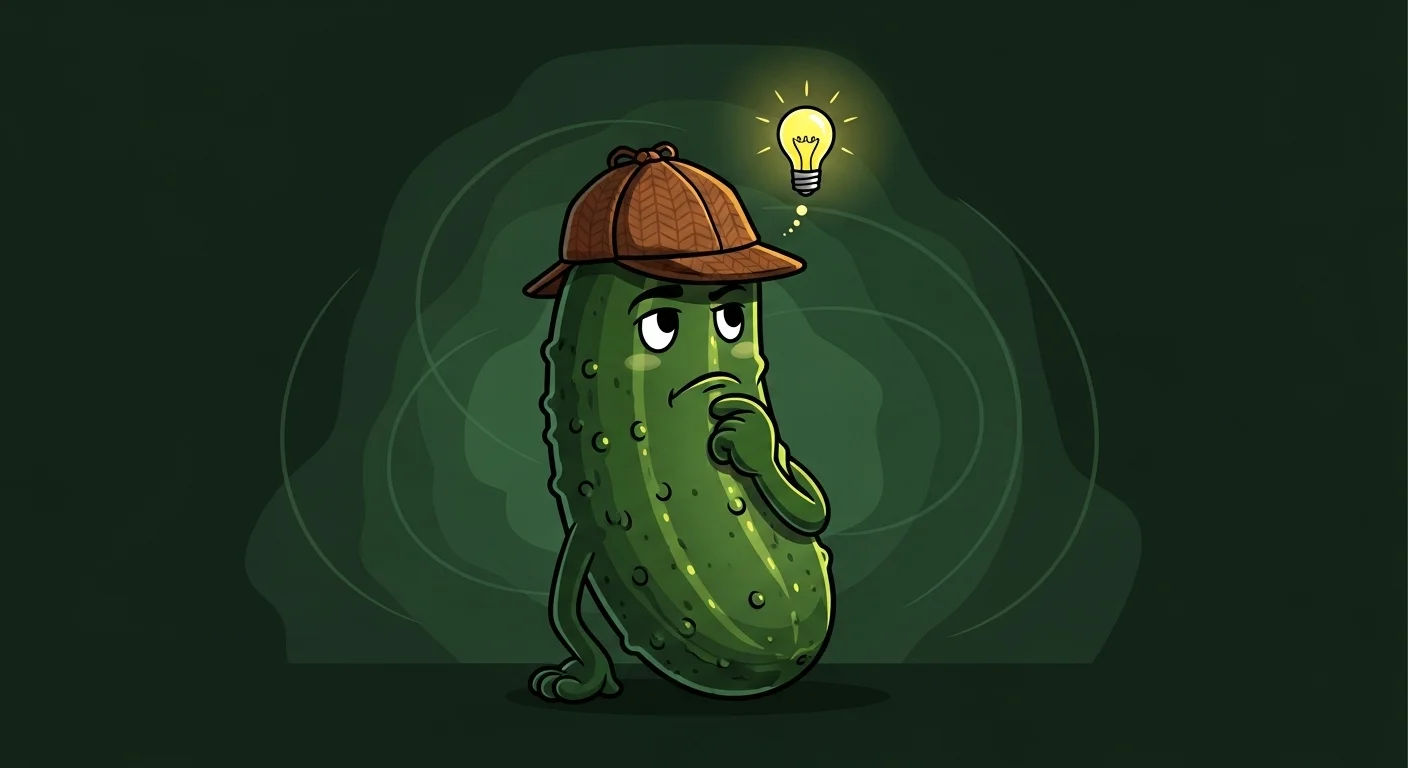 125+ Pickle Riddles with Answers: Funny, Clever & Totally Dill-icious Wordplay 2 Pickle wearing detective hat with lightbulb idea moment