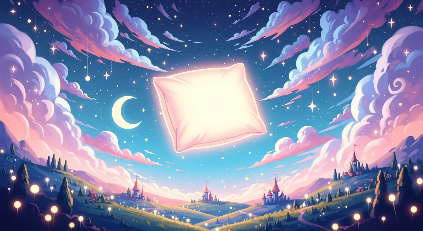 Pink pillow floating in fantasy sky with swirling clouds