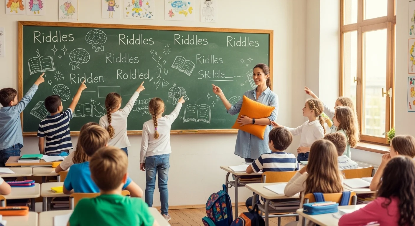 Teacher leading interactive riddles lesson with elementary students at chalkboard