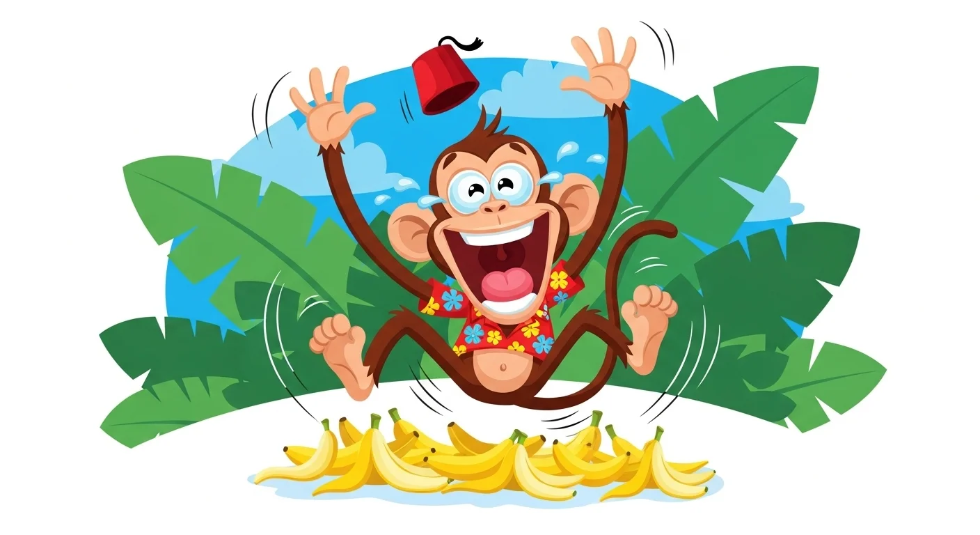 Cartoon monkey celebrating with red hat jumping over banana pile