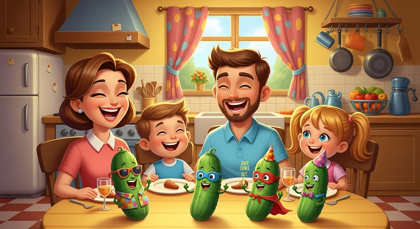 125+ Pickle Riddles with Answers: Funny, Clever & Totally Dill-icious Wordplay 8 Happy family enjoying dinner with animated pickle characters at table