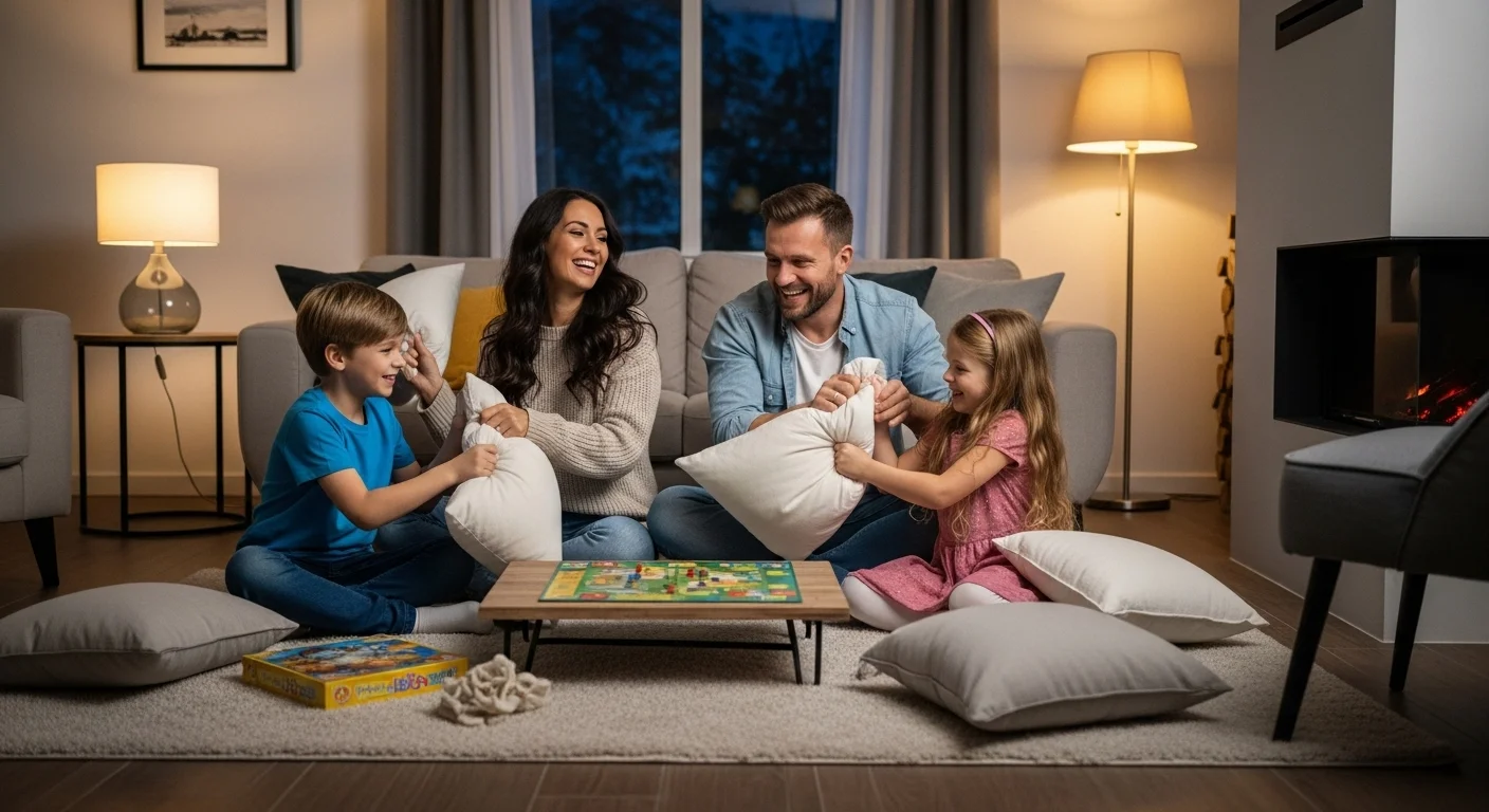 Family playing board game with pillows in cozy living room