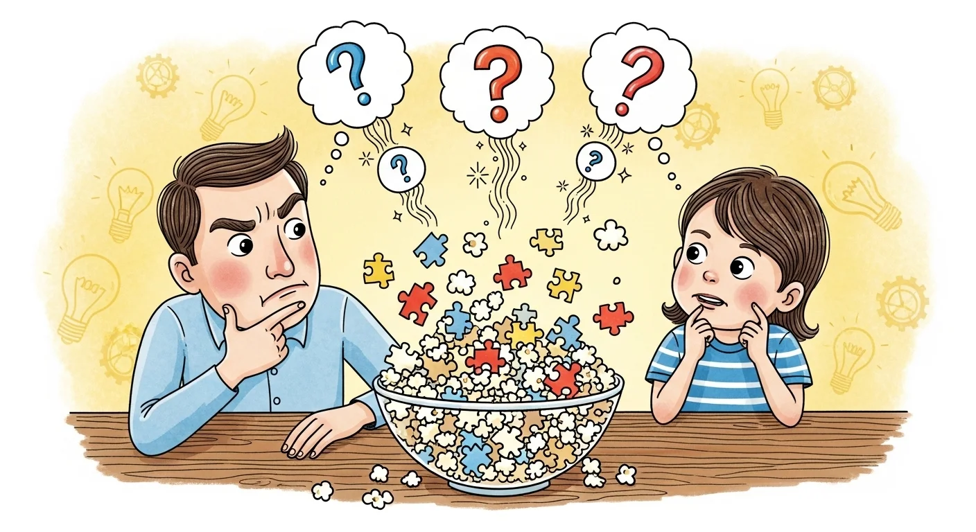 125+ Popcorn Riddles with Answers for Kids, Adults, and Family Fun 11 Dad and daughter thinking about popcorn riddles with puzzle pieces