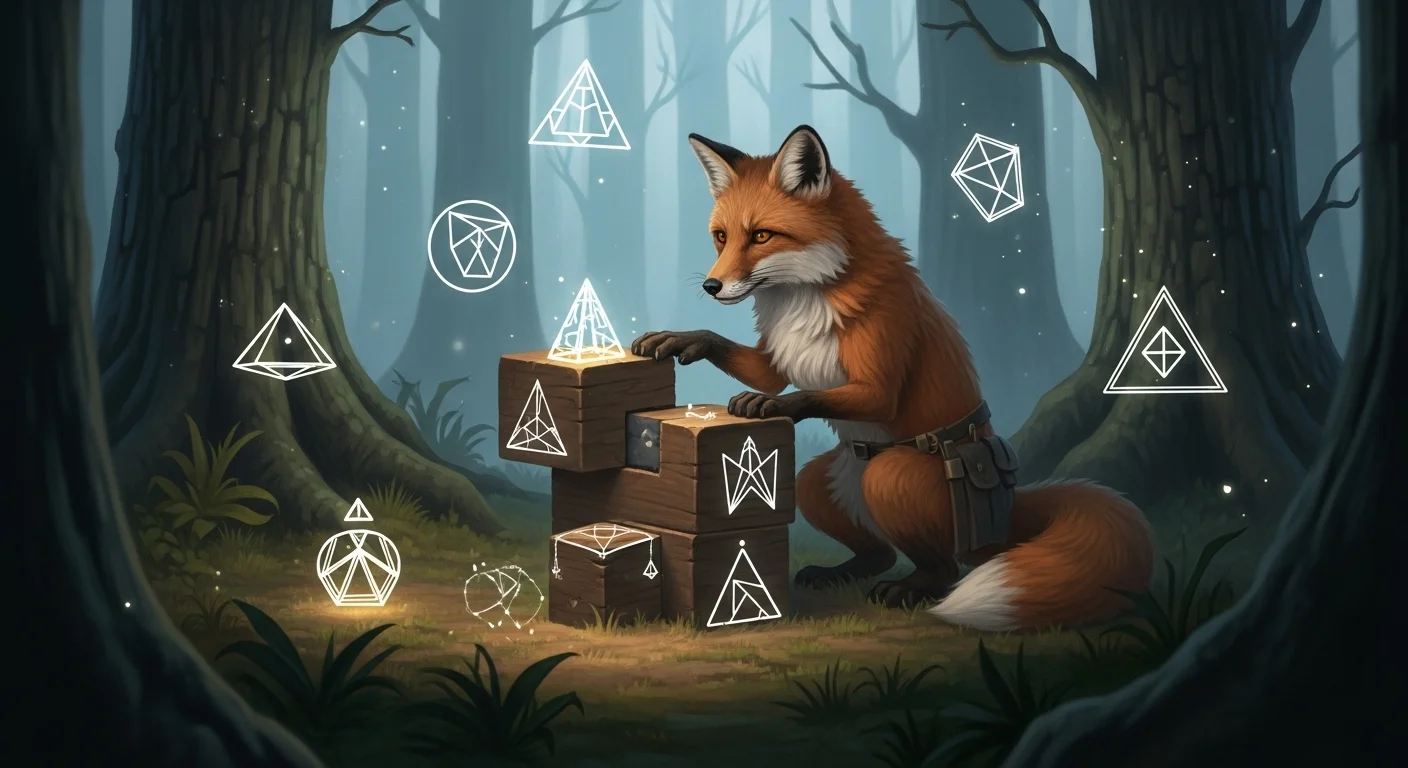 125+ Clever Fox Riddles with Answers That’ll Outsmart You 2 Strategic fox arranging geometric puzzle pieces with symbols