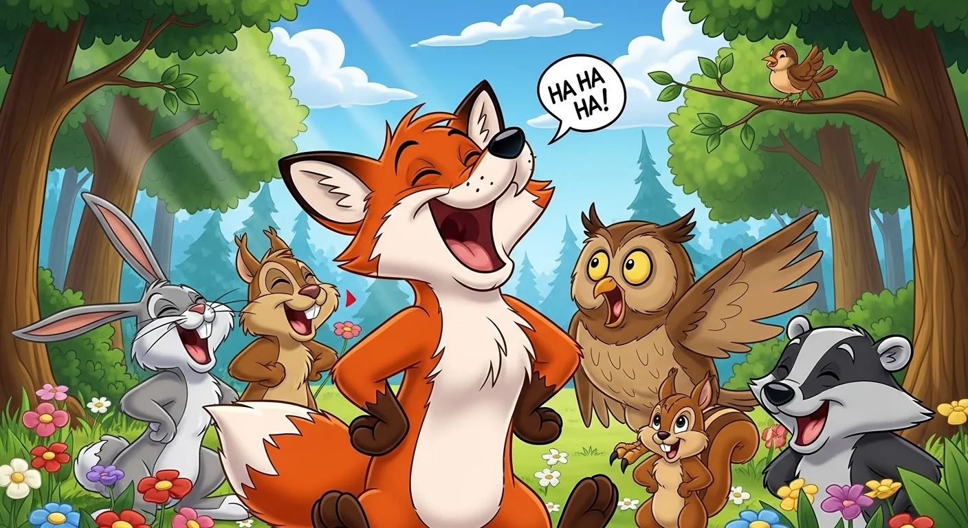 125+ Clever Fox Riddles with Answers That’ll Outsmart You 3 Fox laughing with woodland animals sharing funny riddles
