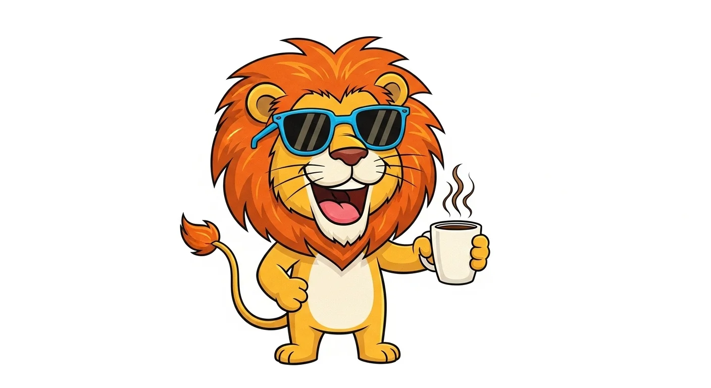 125+ Lion Riddles with Answers: Roaring Fun for Kids, Adults, and Animal Lovers 2 Cartoon lion wearing sunglasses holding coffee representing funny riddles