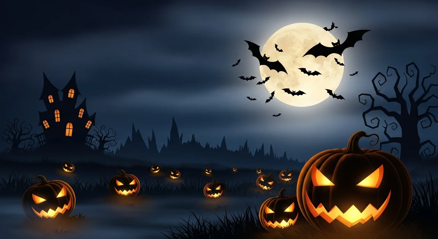 Spooky Halloween scene with flying bats, jack-o-lanterns, and haunted mansion