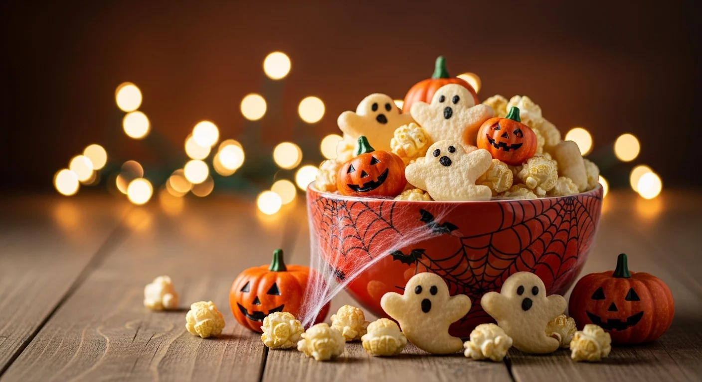 125+ Popcorn Riddles with Answers for Kids, Adults, and Family Fun 5 Halloween themed popcorn bowl with ghost shapes and pumpkin decorations