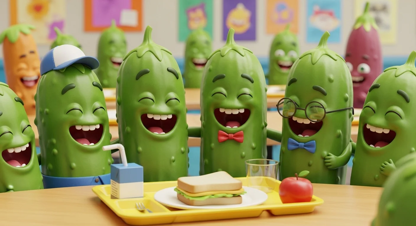 125+ Pickle Riddles with Answers: Funny, Clever & Totally Dill-icious Wordplay 1 Animated pickle characters laughing at school lunch table