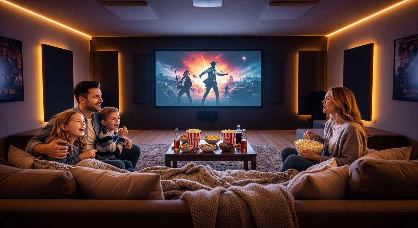 125+ Popcorn Riddles with Answers for Kids, Adults, and Family Fun 8 Modern home theater setup with family watching movie with popcorn