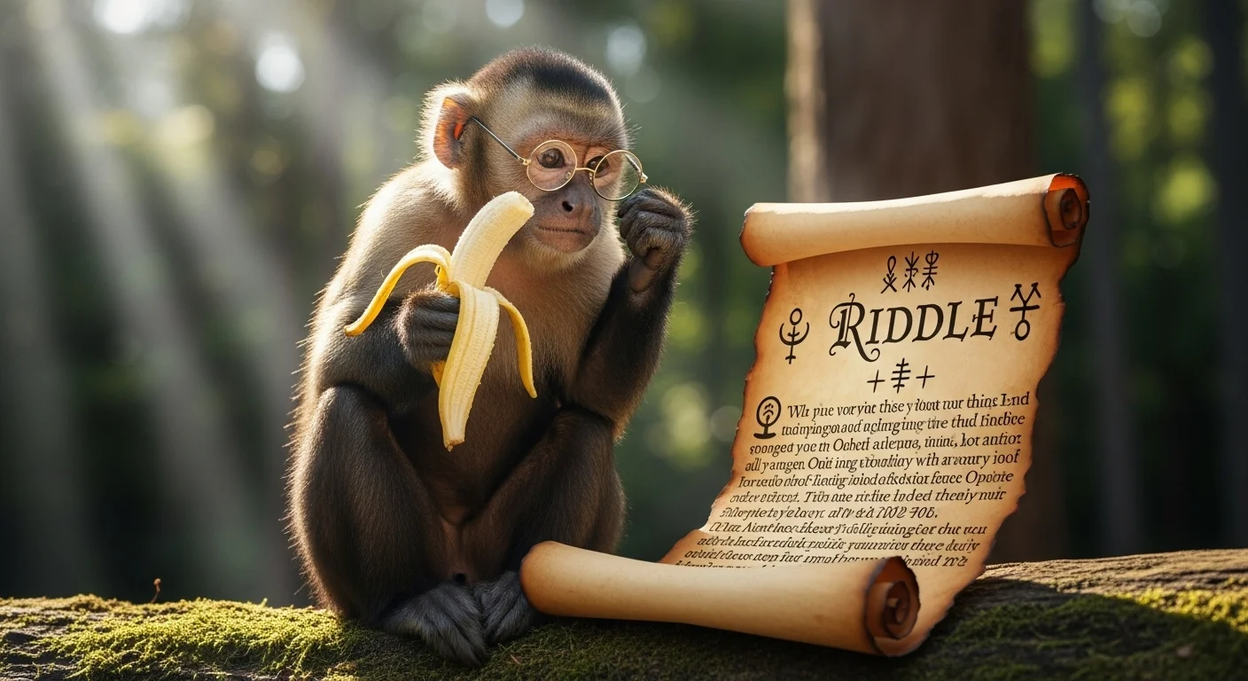 Scholarly monkey wearing glasses reading ancient riddle scroll with banana
