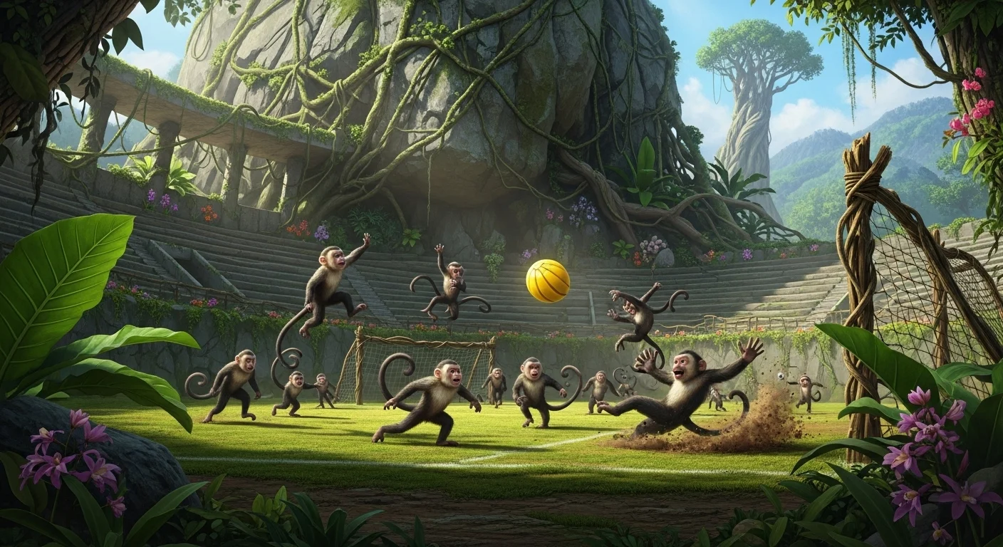 Monkeys playing soccer with banana ball in ancient jungle ruins