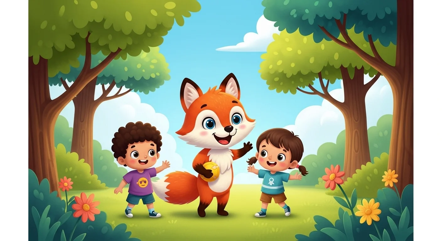 125+ Clever Fox Riddles with Answers That’ll Outsmart You 1 Happy cartoon fox teaching riddles to smiling children outdoors