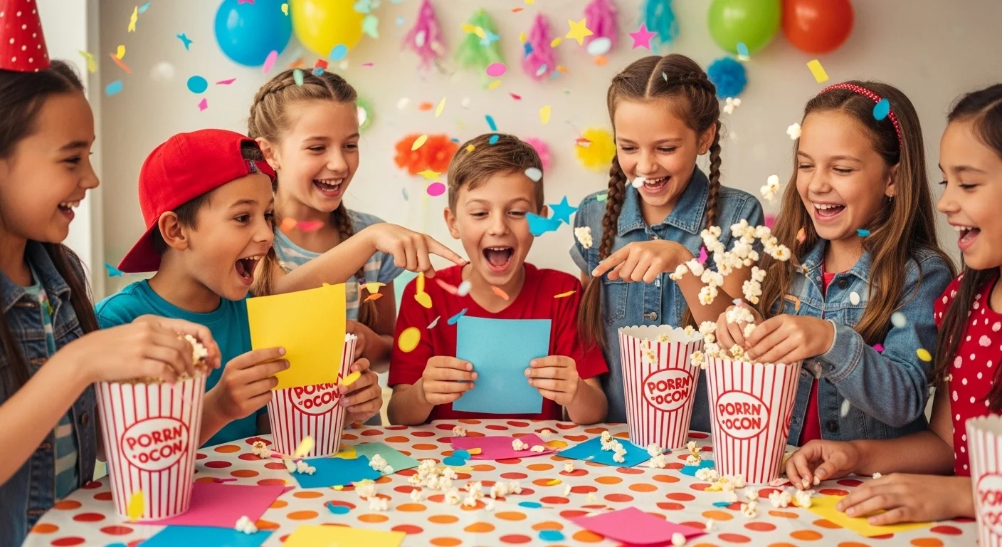 125+ Popcorn Riddles with Answers for Kids, Adults, and Family Fun 1 Children laughing playing popcorn riddle card game at birthday party