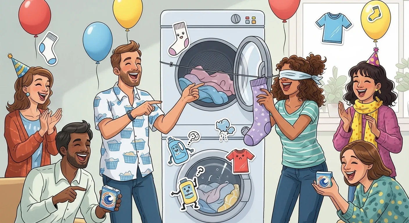 Friends enjoying party game with dryer riddles and laundry-themed challenges