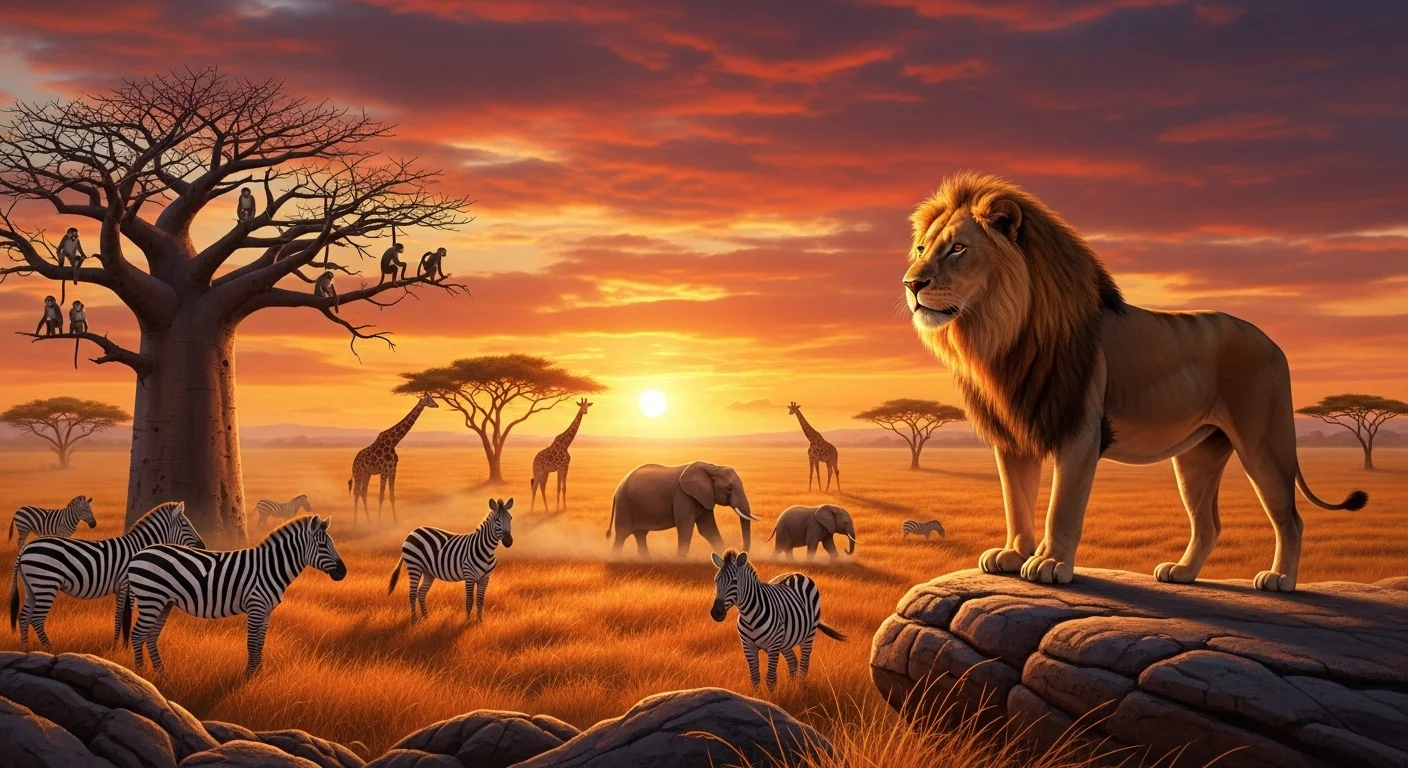 125+ Lion Riddles with Answers: Roaring Fun for Kids, Adults, and Animal Lovers 4 Majestic lion overlooking African savanna with zebras and giraffes