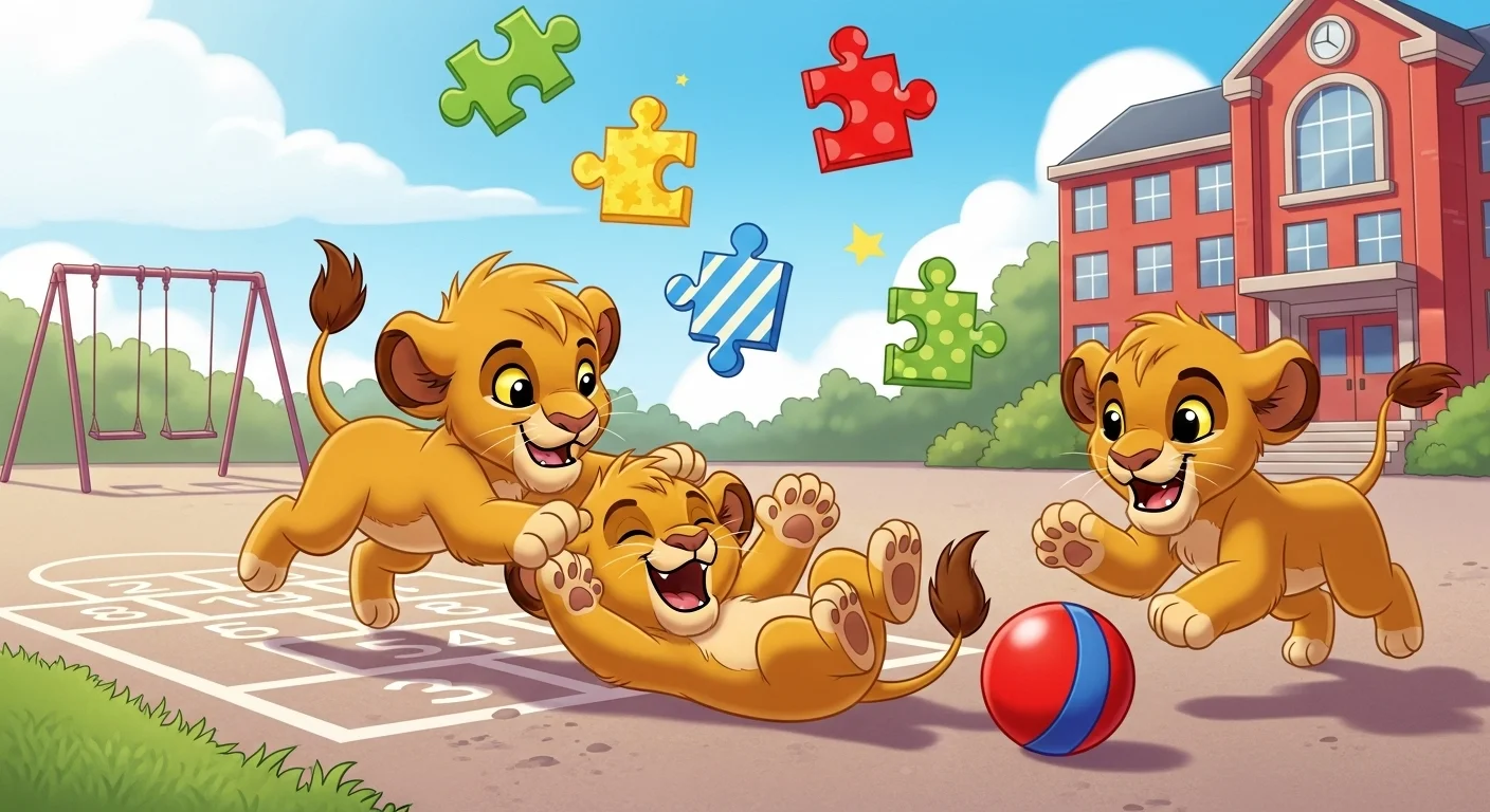 125+ Lion Riddles with Answers: Roaring Fun for Kids, Adults, and Animal Lovers 1 Playful lion cubs with puzzle pieces representing children's riddles