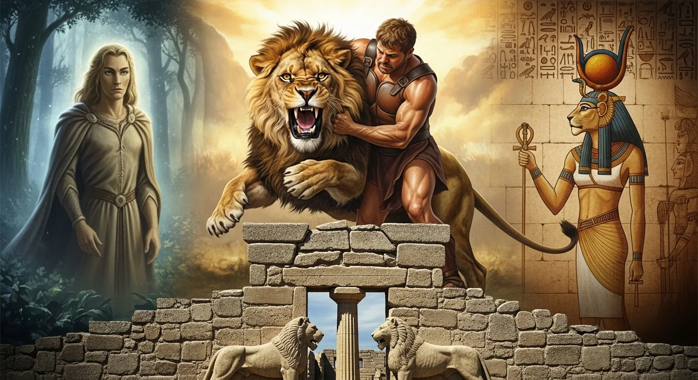 125+ Lion Riddles with Answers: Roaring Fun for Kids, Adults, and Animal Lovers 6 Lion with warrior and Egyptian goddess representing mythological riddles