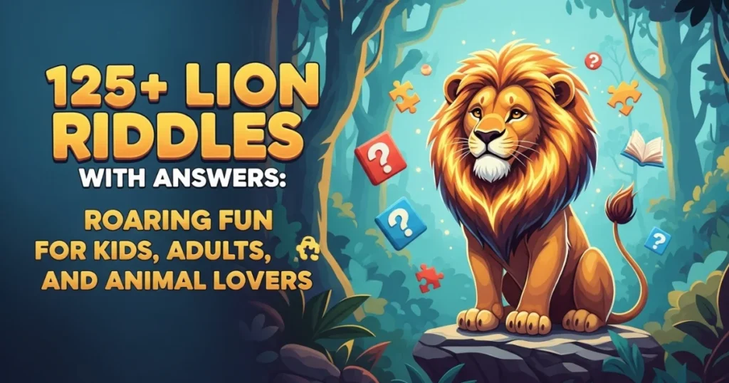 Lion surrounded by puzzle pieces and question marks for riddle collection