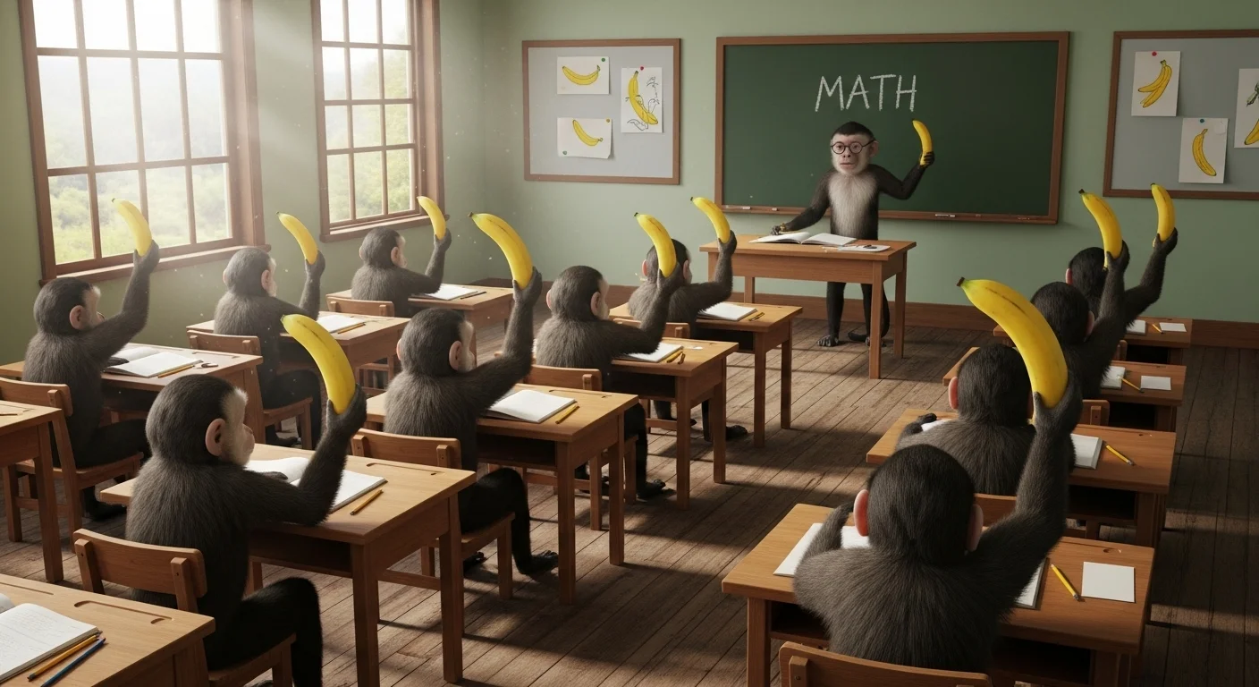 Teacher monkey and student monkeys in classroom with banana math lesson