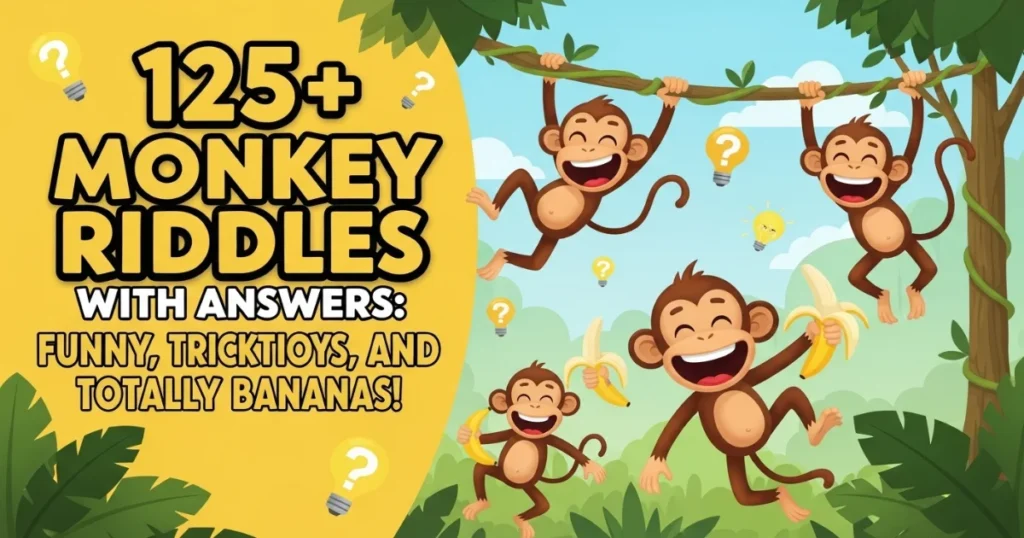 Colorful banner featuring monkey riddles with playful cartoon monkeys
