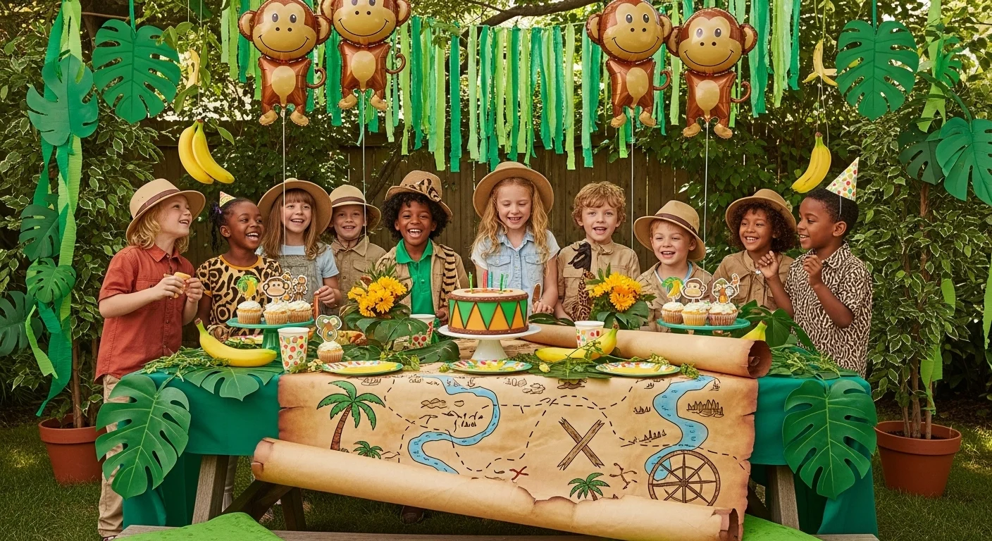 Children's jungle monkey party with decorations and riddle activities