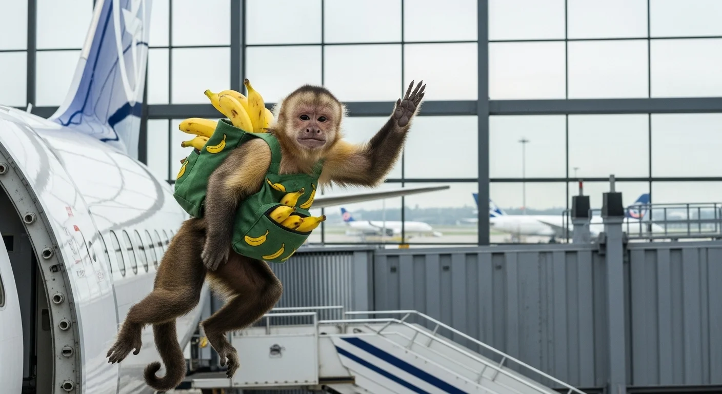 Monkey wearing green backpack full of bananas at airport terminal