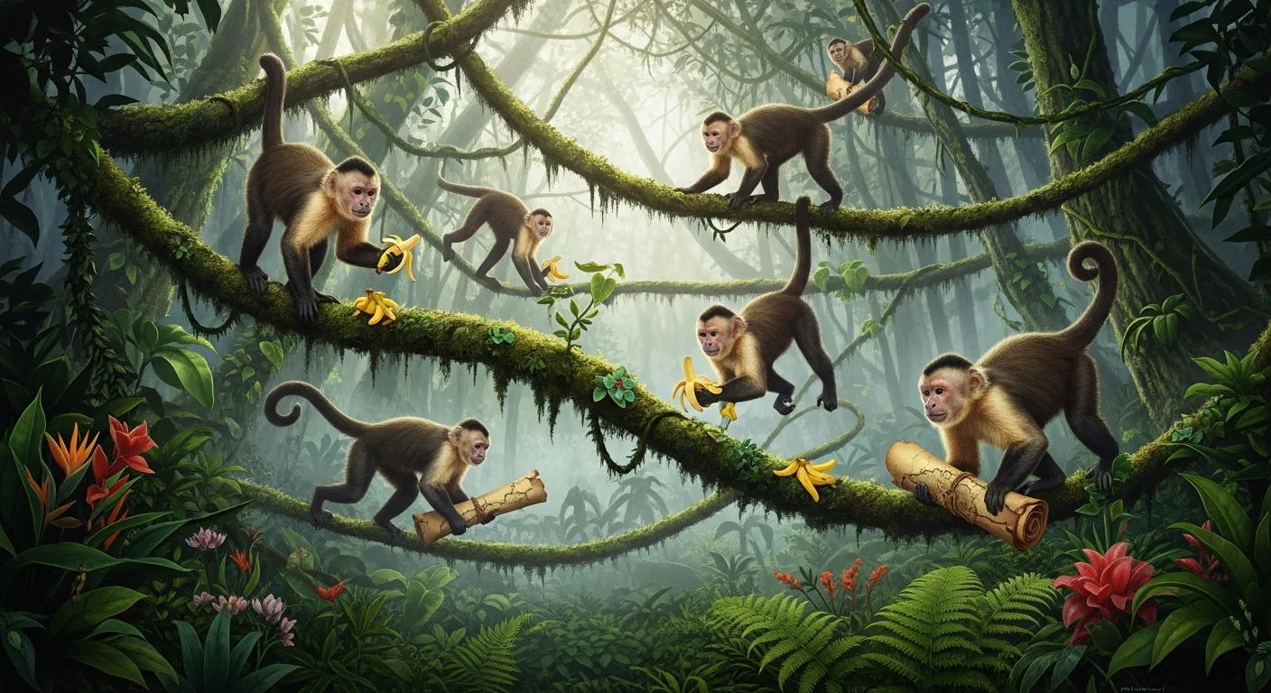 Multiple capuchin monkeys navigating jungle vines with banana trail