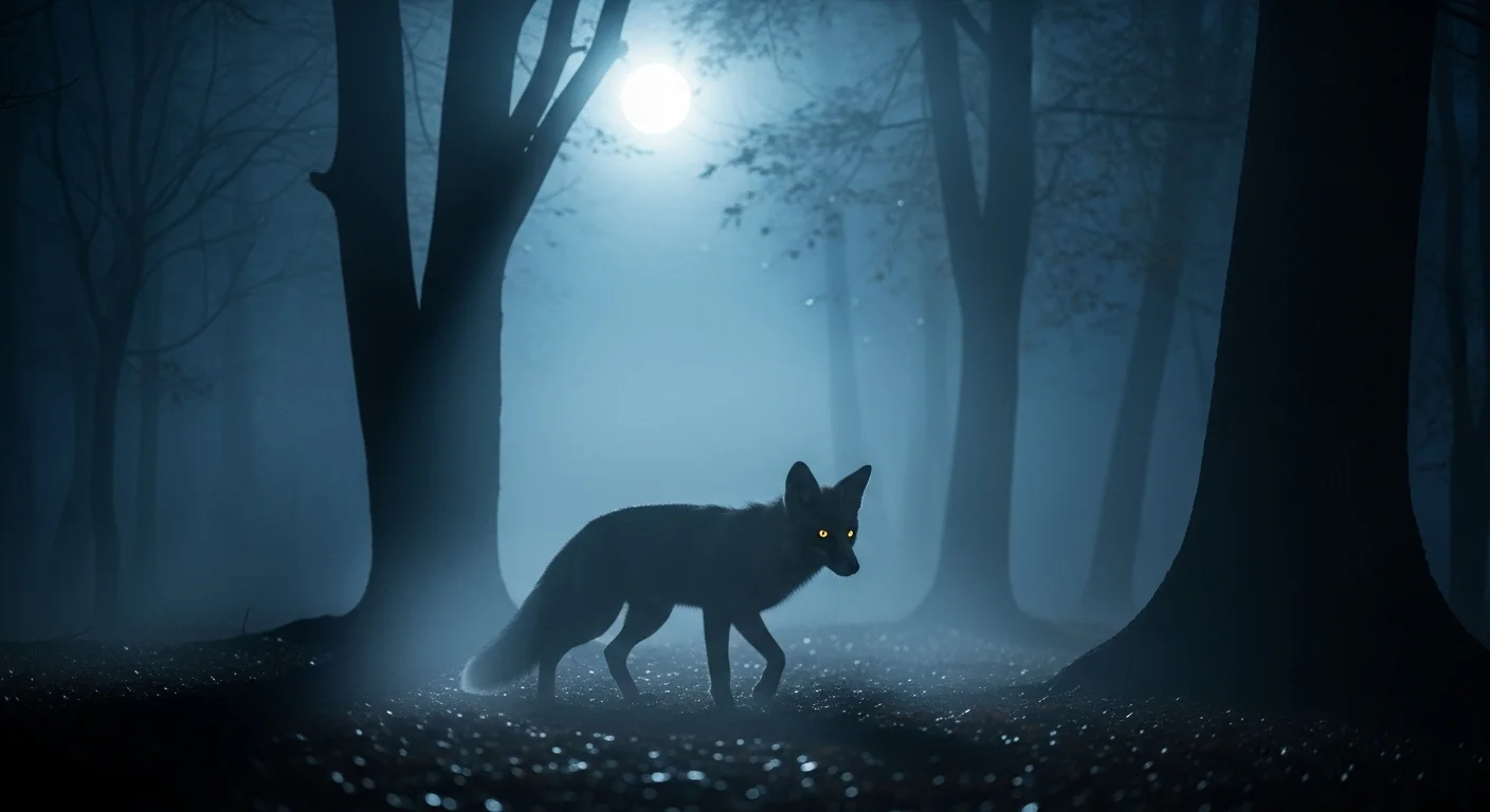 125+ Clever Fox Riddles with Answers That’ll Outsmart You 8 Dark fox silhouette walking through misty moonlit forest path