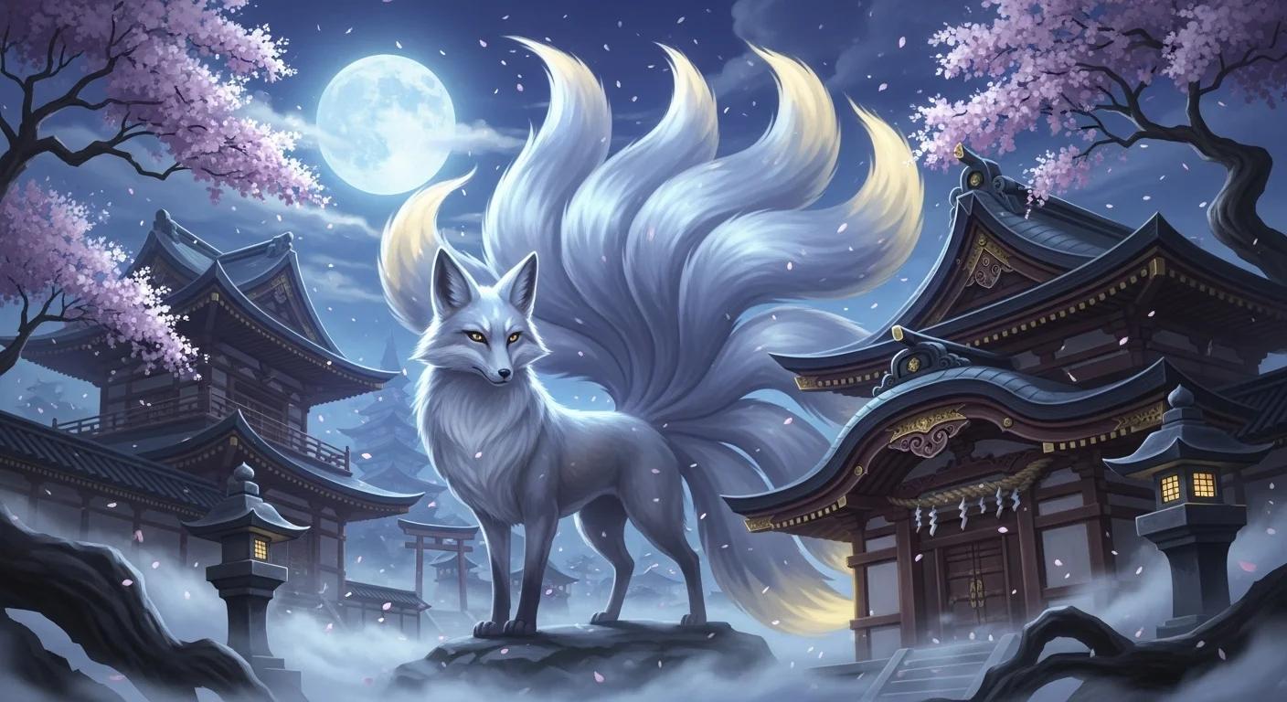 125+ Clever Fox Riddles with Answers That’ll Outsmart You 4 Ethereal nine-tailed fox spirit under moonlight at Japanese shrine