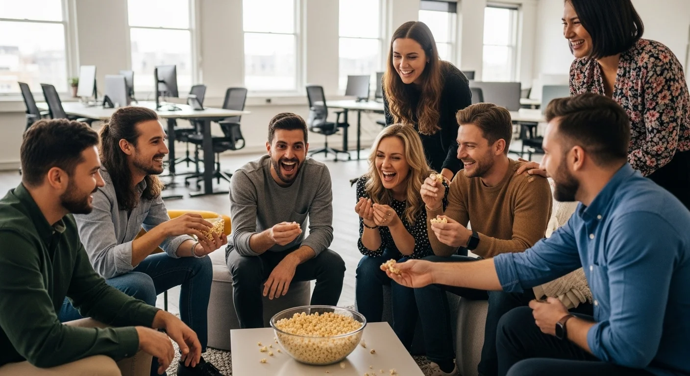 125+ Popcorn Riddles with Answers for Kids, Adults, and Family Fun 13 Coworkers laughing and sharing popcorn during office team activity