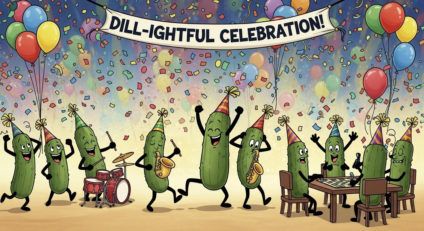 125+ Pickle Riddles with Answers: Funny, Clever & Totally Dill-icious Wordplay 10 Pickle band playing instruments at festive celebration with balloons
