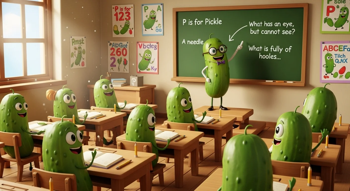 125+ Pickle Riddles with Answers: Funny, Clever & Totally Dill-icious Wordplay 7 Pickle teacher presenting riddles on chalkboard in classroom setting