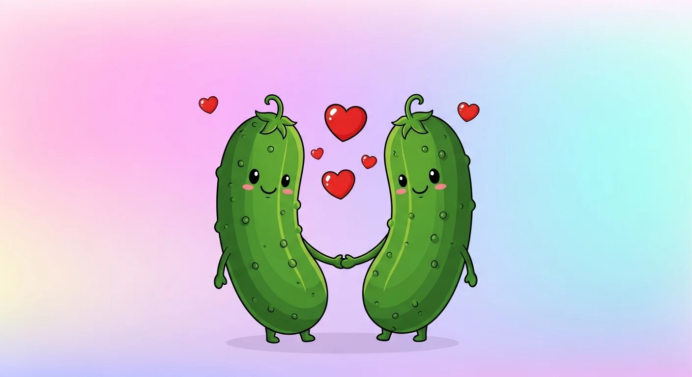 125+ Pickle Riddles with Answers: Funny, Clever & Totally Dill-icious Wordplay 4 Two cute pickles holding hands with hearts on pastel background